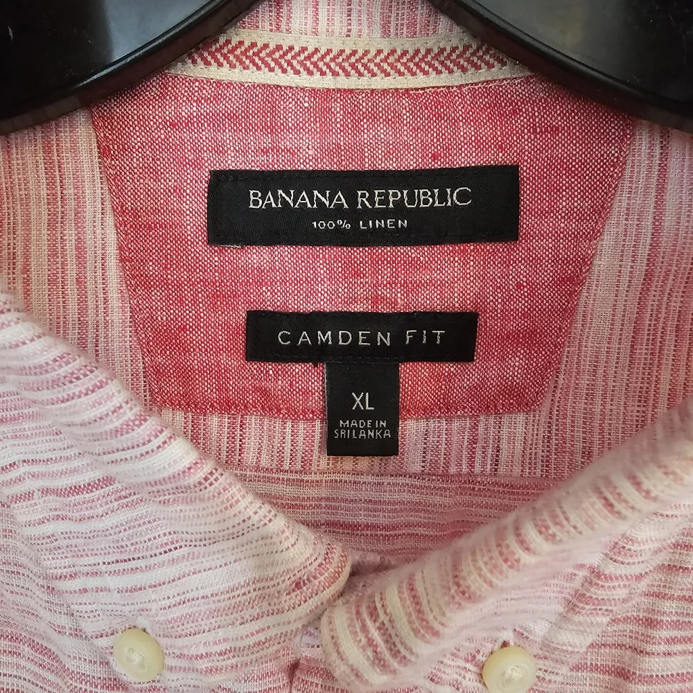 Banana Republic Mens XL Camden Fit Linen Short Sleeve Shirt Pink White Summer